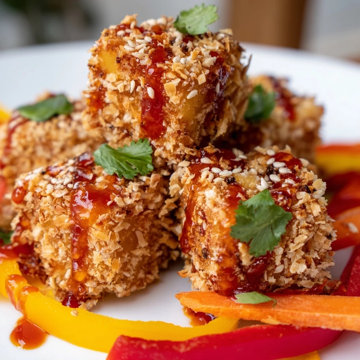 A close-up shows crunchy coconut-crusted tofu and tender-crisp stir-fry veggies with a glossy sweet chili drizzle for a plant-based dinner.