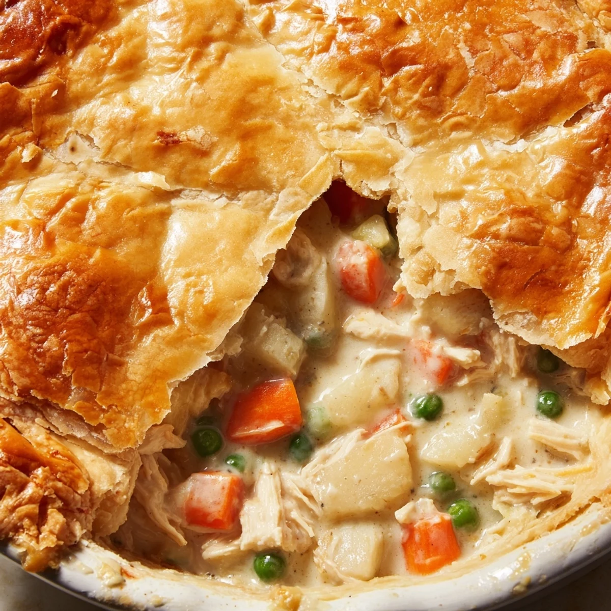 Golden-brown flaky puff pastry topping a creamy turkey pot pie, filled with peas, carrots, and tender chunks of meat.