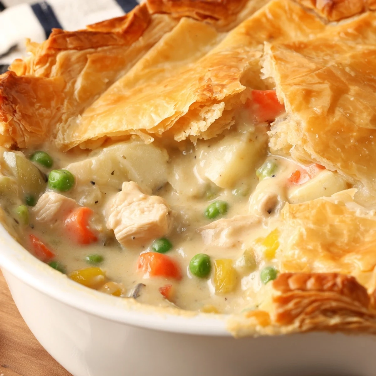 Freshly baked turkey pot pie with a crispy crust, bubbling filling, and steam rising from a rustic ceramic dish.