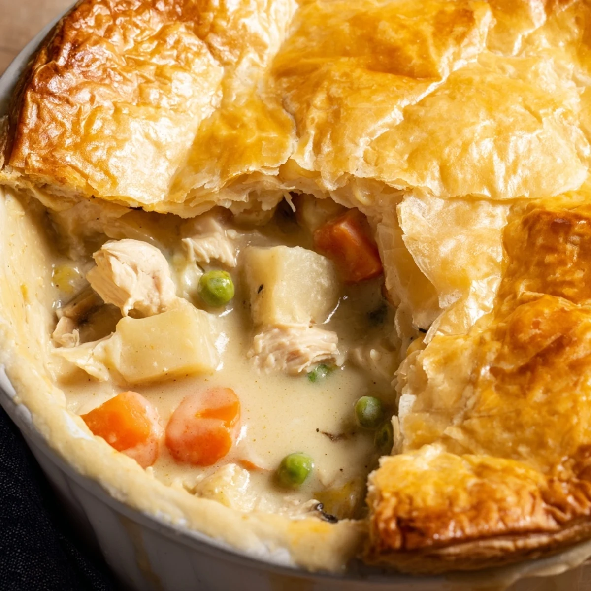 Savory turkey pot pie served in a white dish, showcasing a golden crust and hearty turkey vegetable filling inside.