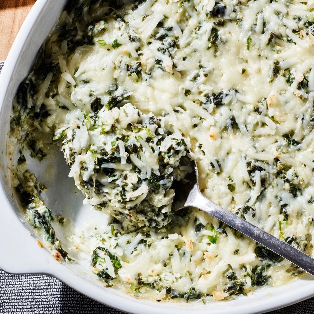 Homemade Creamy Spinach Dip with Sourdough Bread in a ceramic dish, garnished with herbs and served alongside toasted bread.