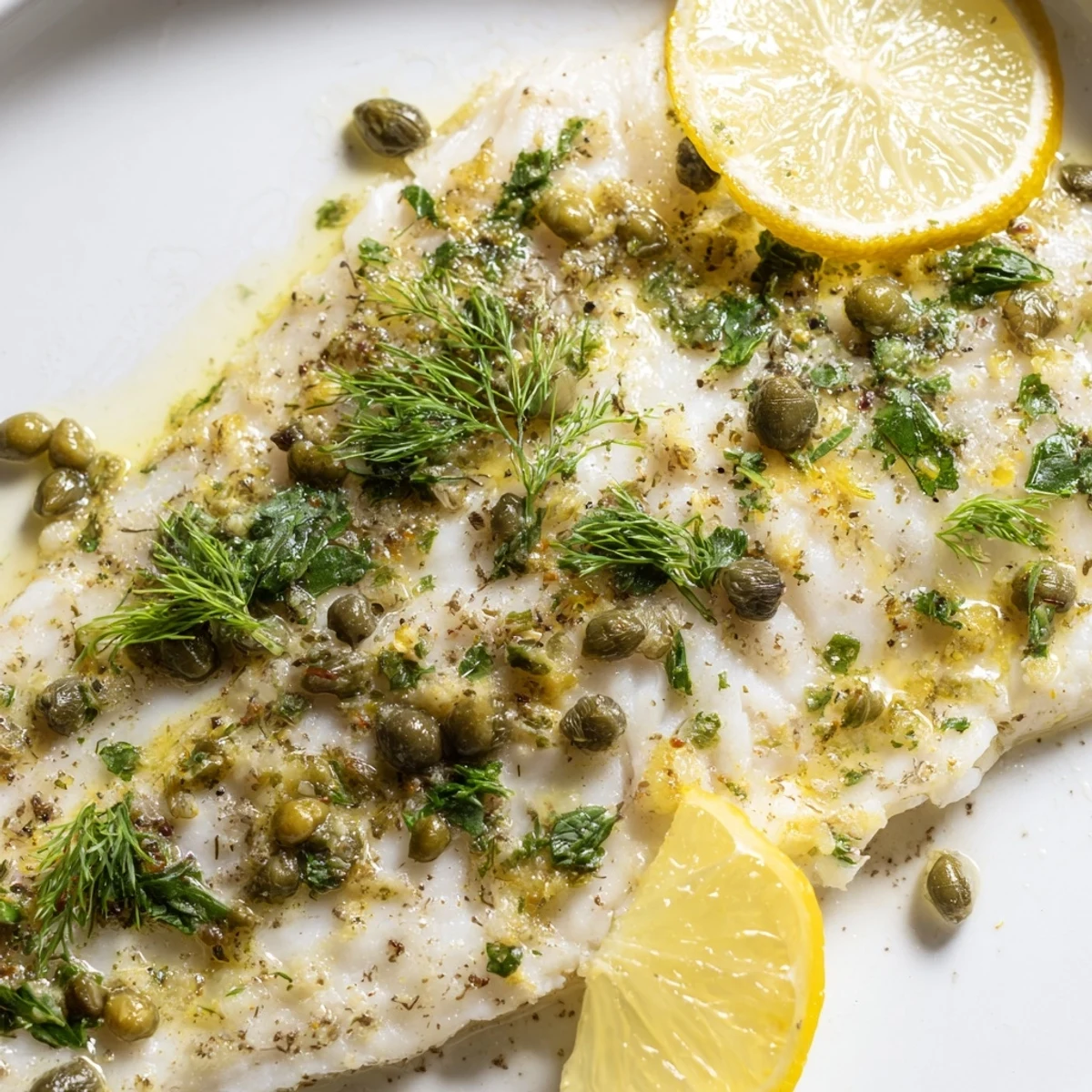 Golden-brown Baked Haddock with Lemon and Capers fillets fresh from the oven, garnished with chopped parsley and bright lemon slices.