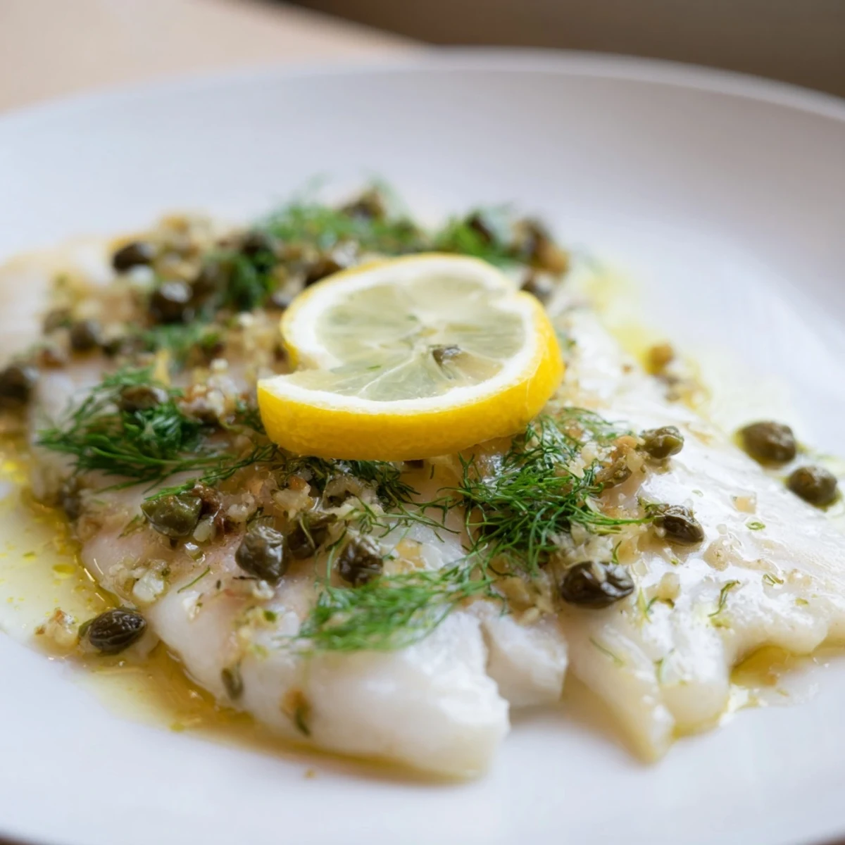 Close-up of a fork flaking juicy Baked Haddock with Lemon and Capers, revealing the savory lemon and herb marinade.