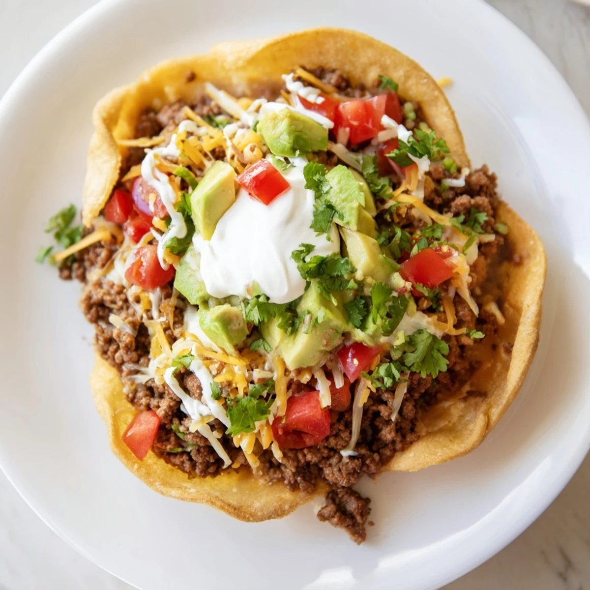 Crispy corn tostada shells layered with creamy refried beans and savory seasoned ground beef for an easy Mexican-style dinner.