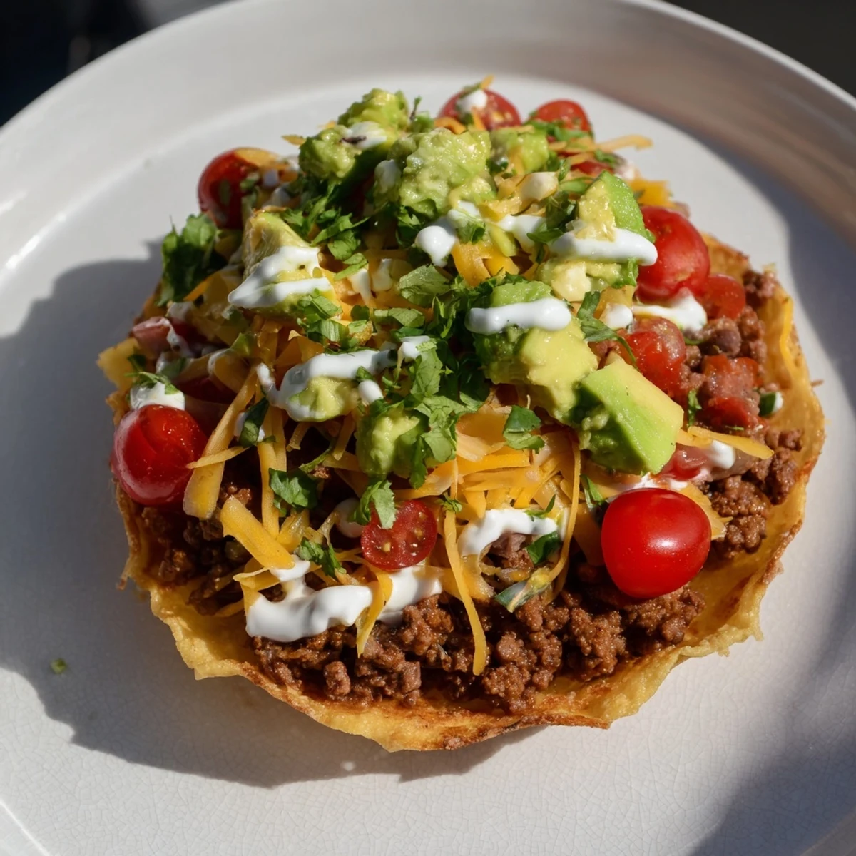 Savory beef tostadas topped with crisp lettuce, diced tomatoes, creamy avocado, and a drizzle of sour cream ready to serve.