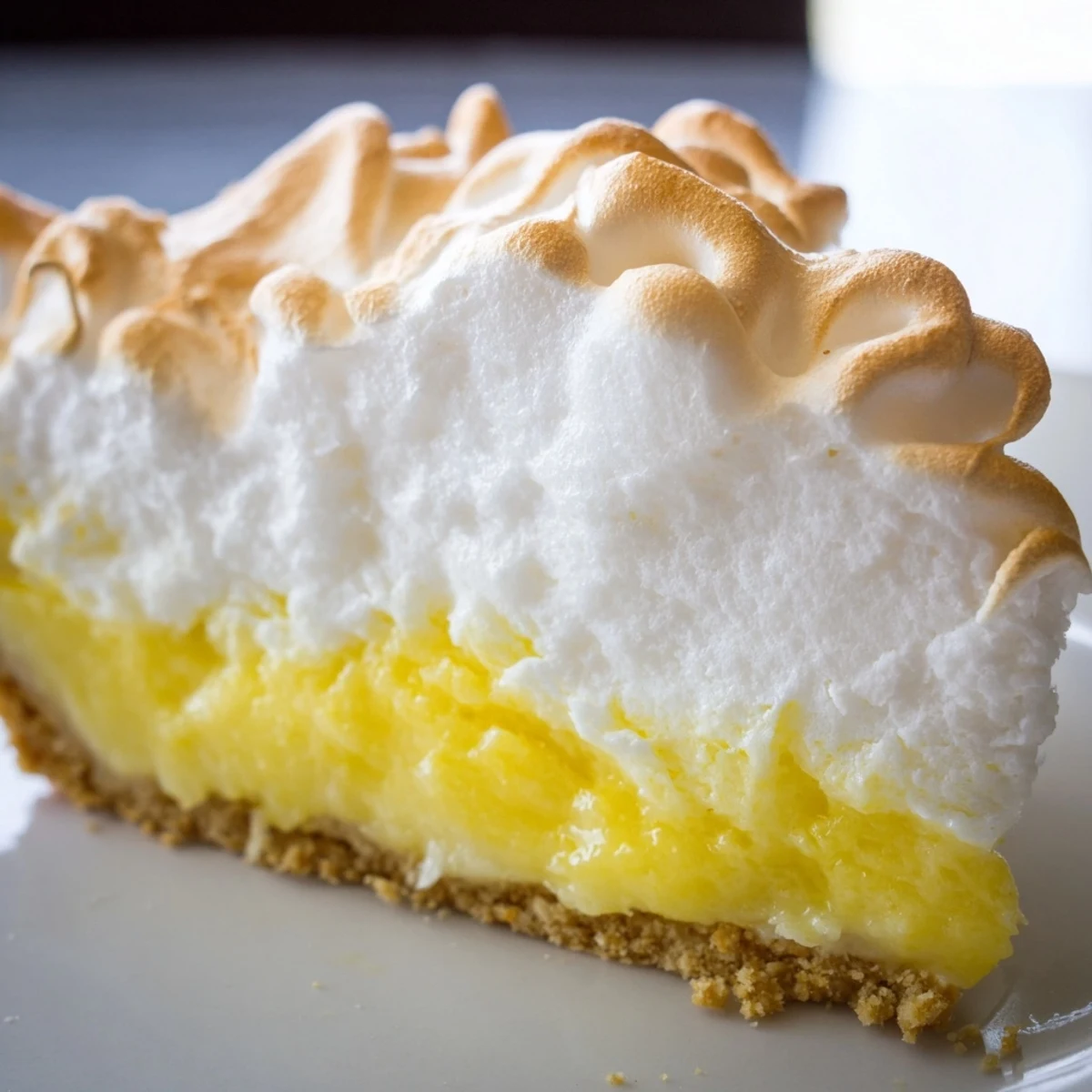 A whole homemade Lemon Meringue Pie with Graham Cracker Crust topped with golden-brown meringue swirls ready to serve.