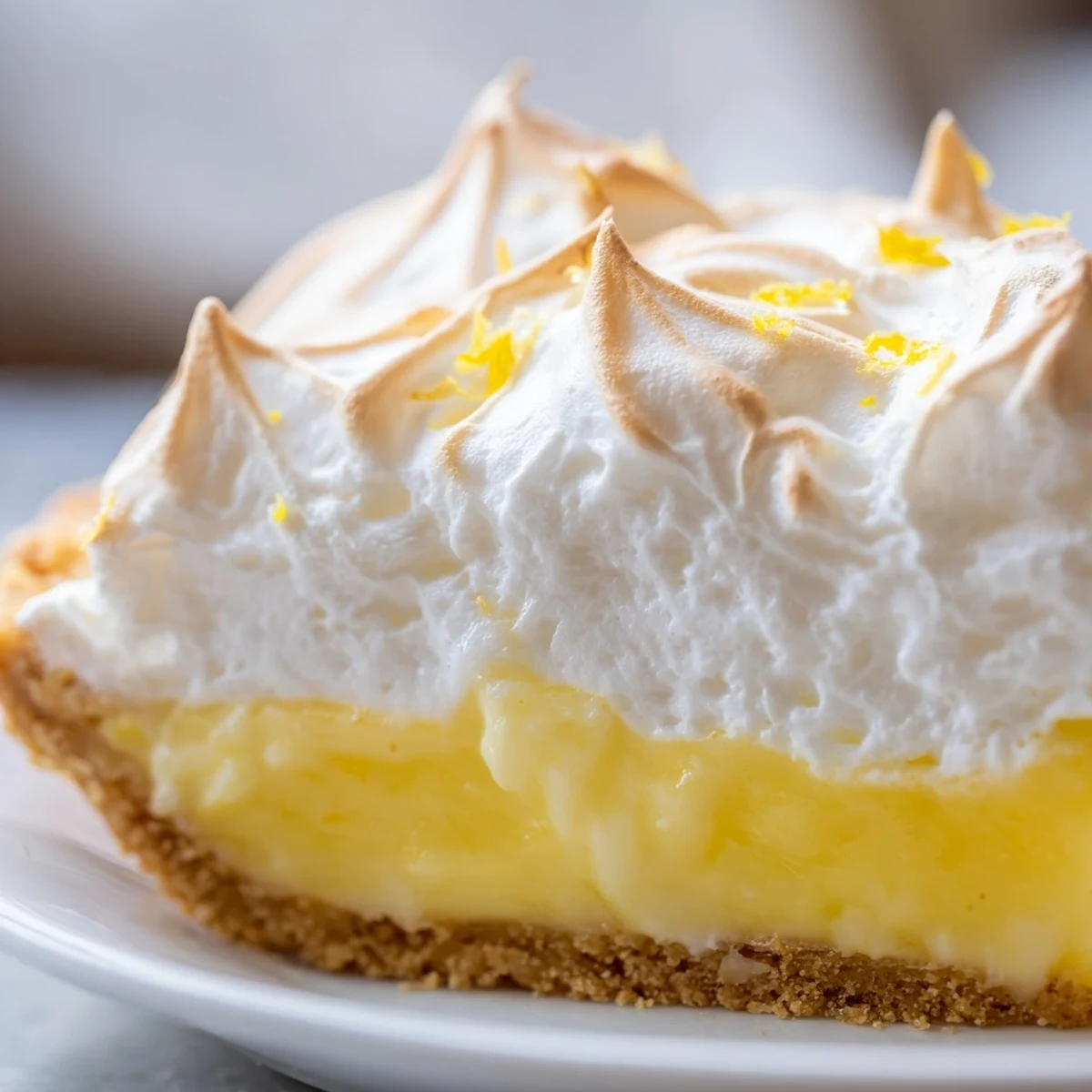 Close-up of a slice of Lemon Meringue Pie with Graham Cracker Crust showing silky yellow filling and fluffy toasted meringue.