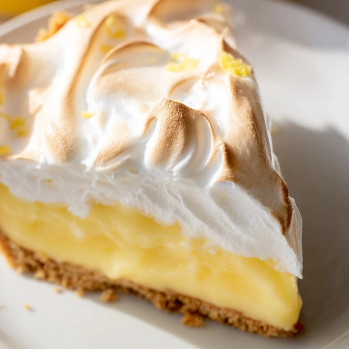 Freshly baked Lemon Meringue Pie with Graham Cracker Crust on a rustic table with lemon slices and tea.