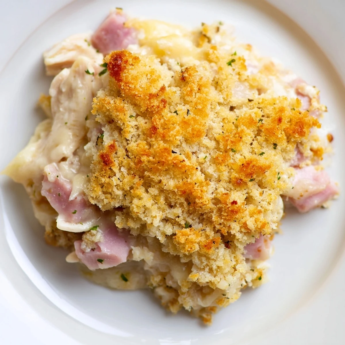 The creamy Chicken Cordon Bleu Casserole is served warm alongside fresh steamed green beans on a rustic wooden table.