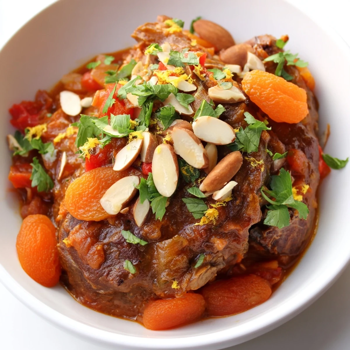 A hearty bowl of Slow Cooker Moroccan Lamb Tagine showcases tender meat, dried fruit, and toasted nuts topped with fresh cilantro and lemon zest.