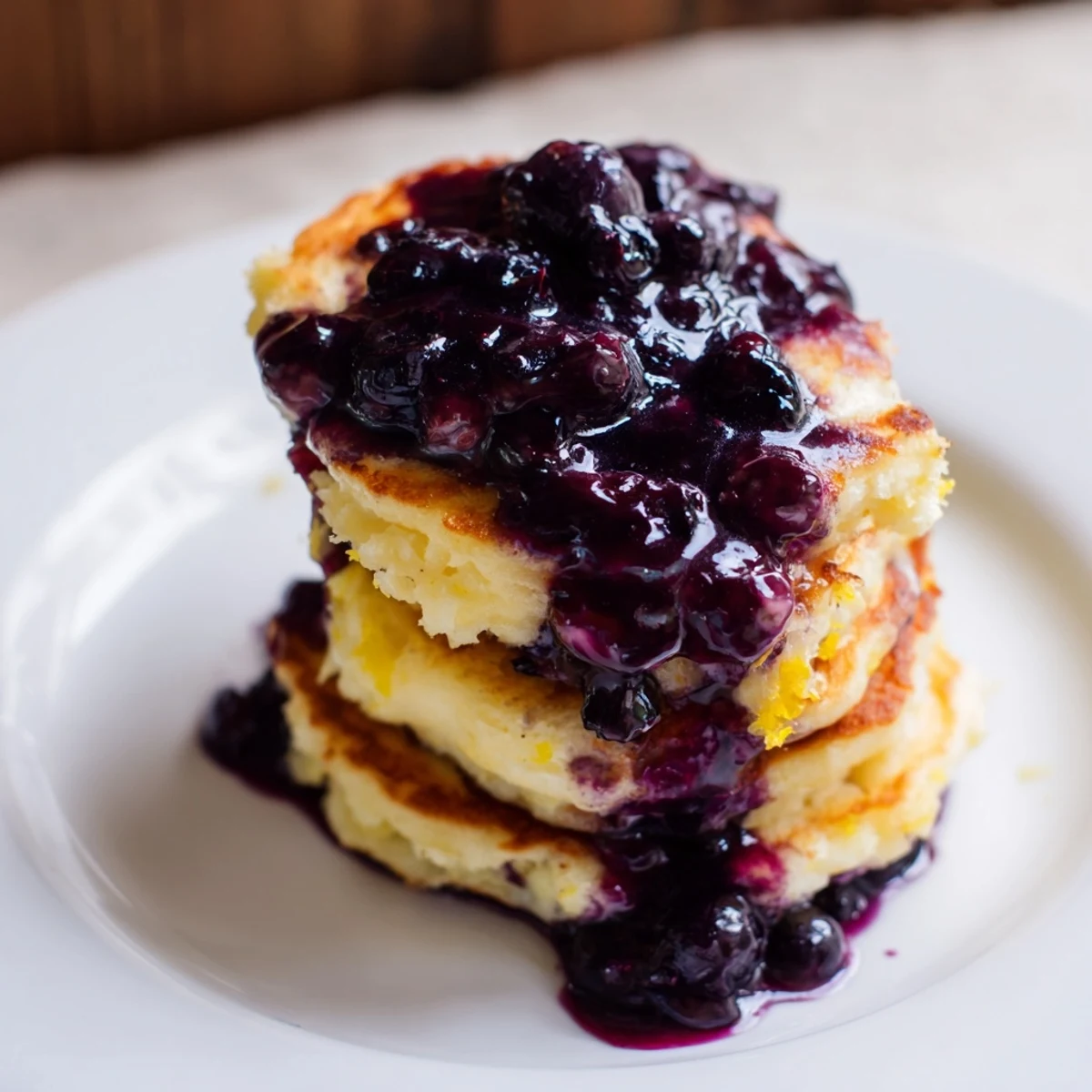 A close-up of light, zesty Lemon Ricotta Pancakes topped with bubbling homemade blueberry syrup melting into the stack.