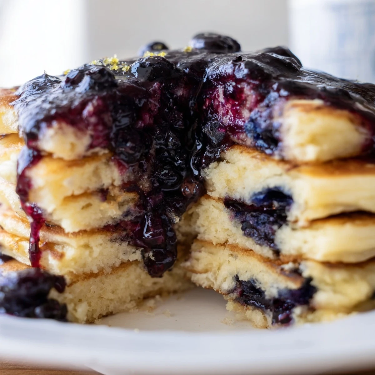 Freshly cooked Lemon Ricotta Pancakes served with a bowl of vibrant blueberry syrup and a wedge of lemon on the side.