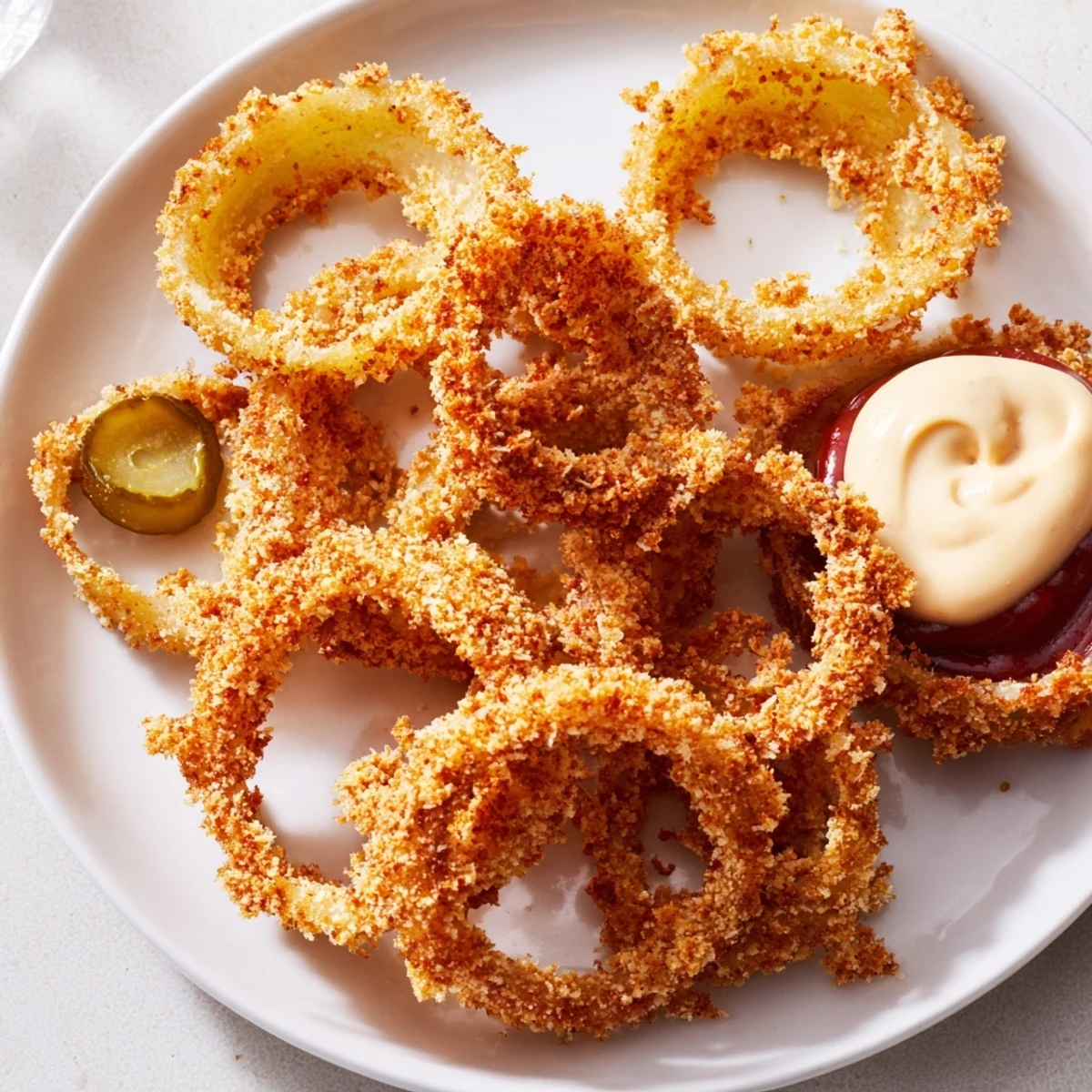 Golden, crispy Crispy Air Fryer Onion Rings with Spicy Burger Sauce served hot on a platter.