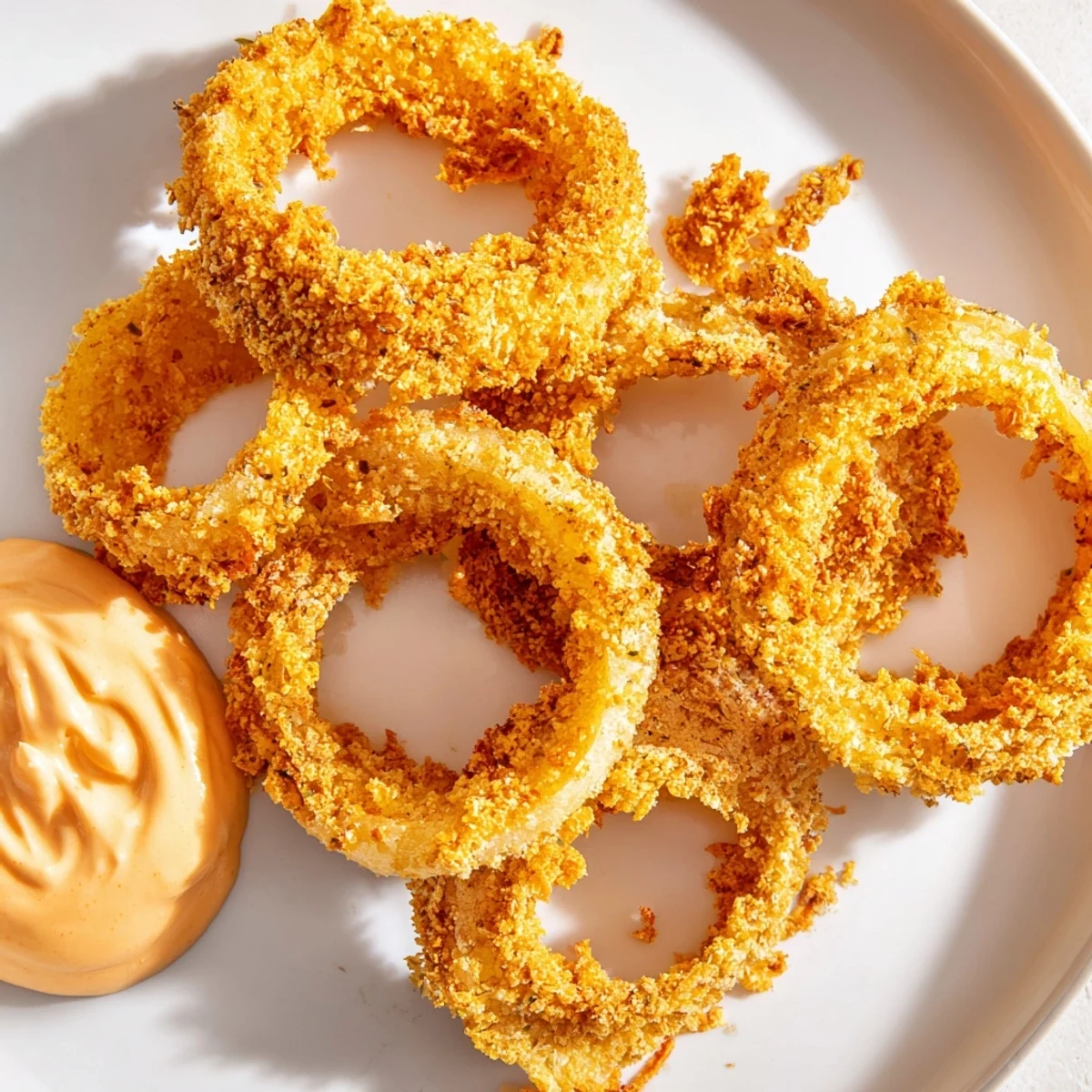 Crispy Air Fryer Onion Rings with Spicy Burger Sauce next to lettuce and burger buns.
