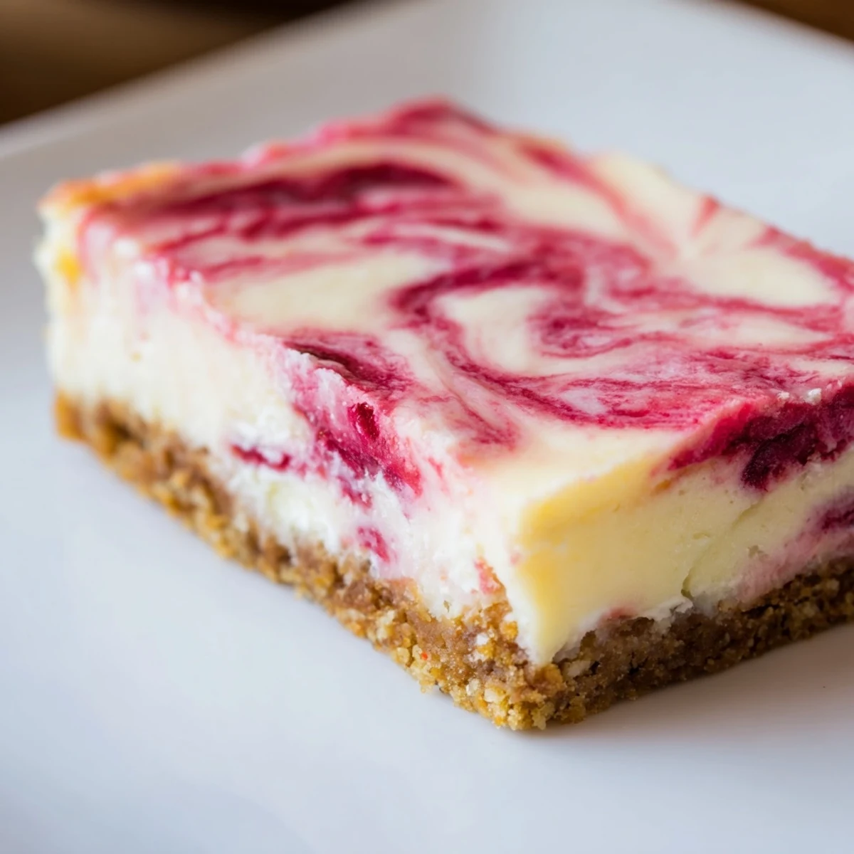 Homemade Raspberry White Chocolate Cheesecake Bars garnished with fresh berries, ready to serve at a dessert party.