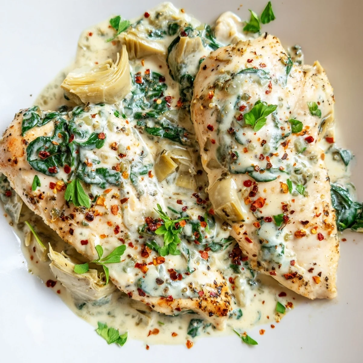 Creamy Spinach and Artichoke Chicken Skillet Dinner with golden-brown chicken breasts in a rich, cheesy garlic sauce with wilted spinach and artichoke hearts.