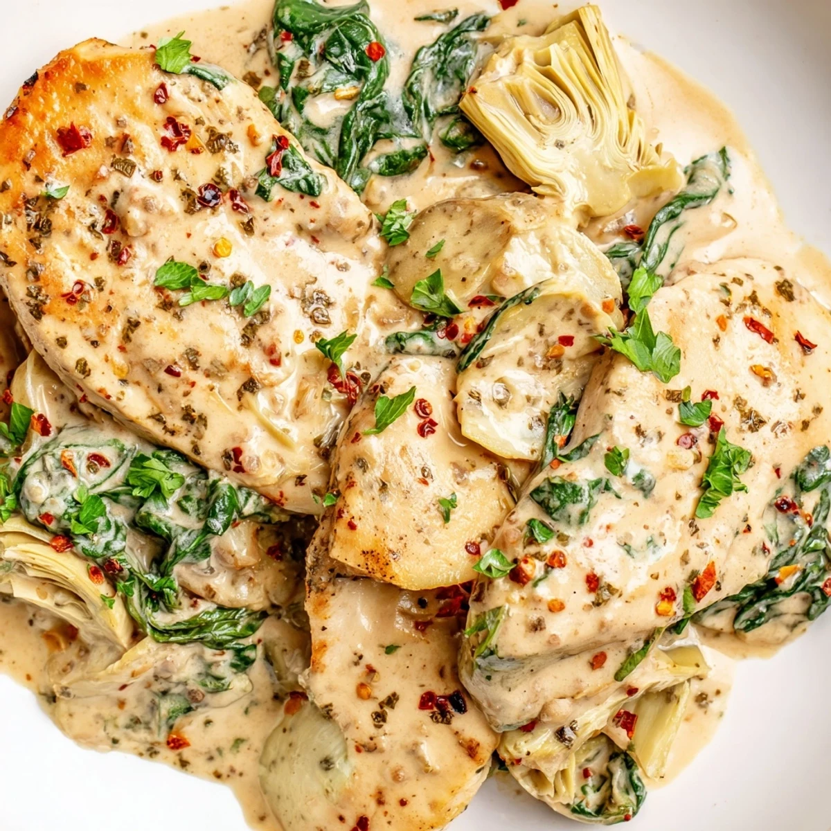 A close-up of Creamy Spinach and Artichoke Chicken Skillet Dinner topped with fresh parsley and extra Parmesan, served alongside crusty bread for dipping.