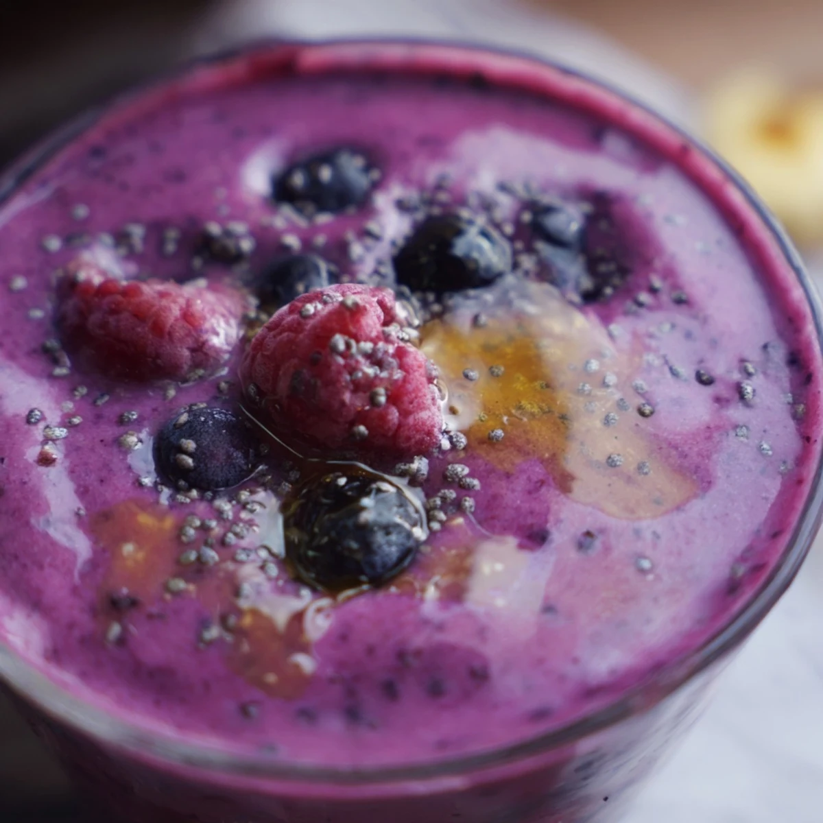 Frosted glass of Winter Smoothie Blend with Berries topped with chia seeds and a cinnamon stick.