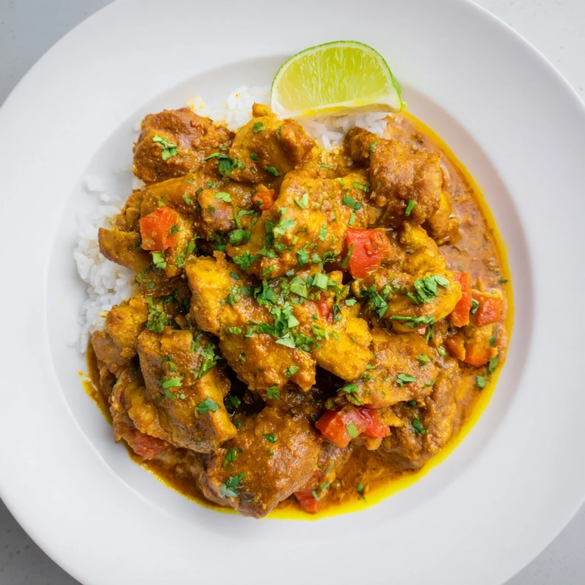 Fragrant Spicy Curry Chicken with Rice steaming next to lime wedges and fresh cilantro.