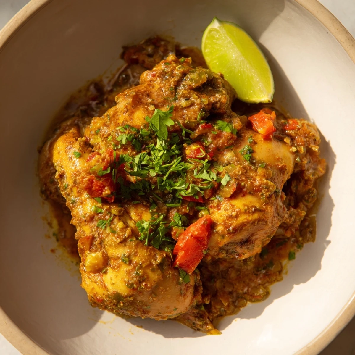 Fluffy basmati rice topped with tender chicken in a rich, golden curry sauce.