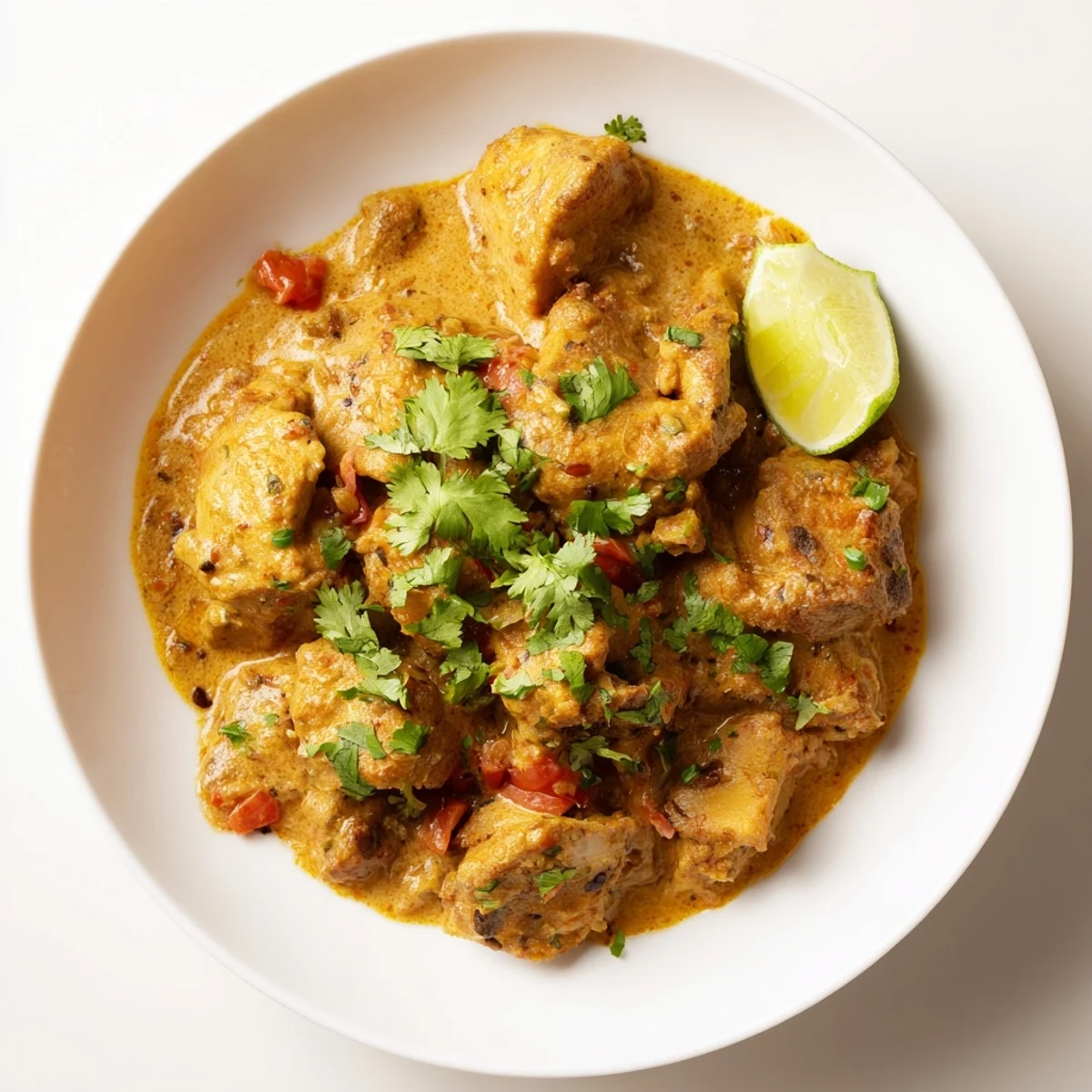 A vibrant bowl of Spicy Curry Chicken with Rice, ready to serve with lime.
