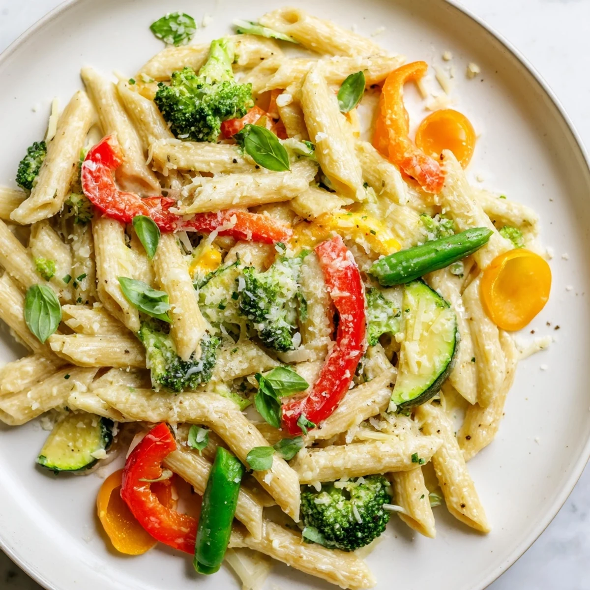 Golden, creamy pasta primavera with vibrant bell peppers, zucchini, and snap peas in a skillet, garnished with fresh basil and Parmesan cheese.