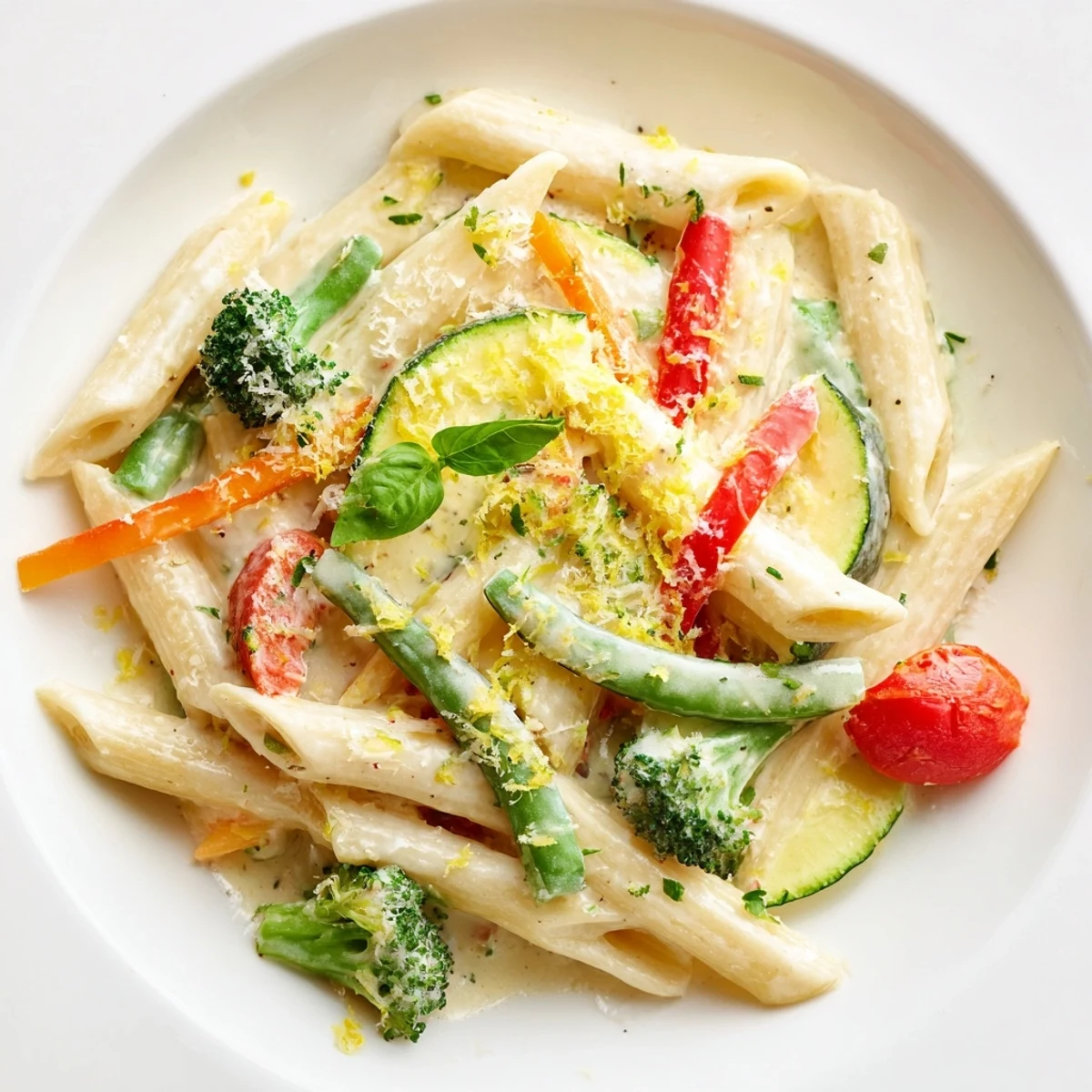 A close-up of creamy pasta primavera, featuring tender cherry tomatoes, broccoli florets, and a luscious sauce, ready for a satisfying vegetarian dinner.
