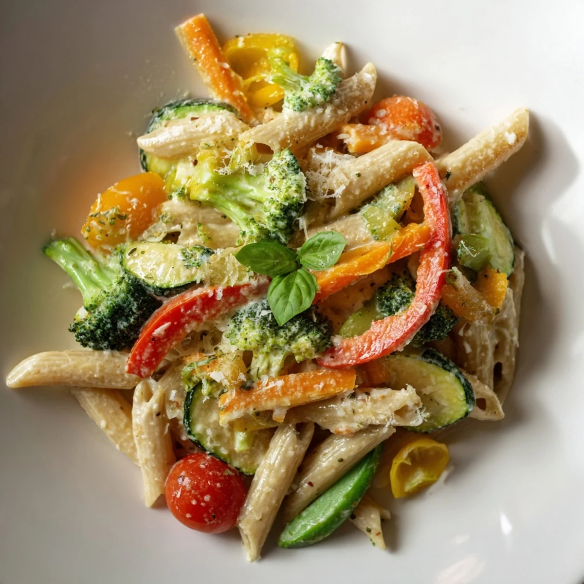 Steaming penne pasta primavera tossed with colorful garden vegetables and a Parmesan cream sauce, served hot for a delicious weeknight family meal.