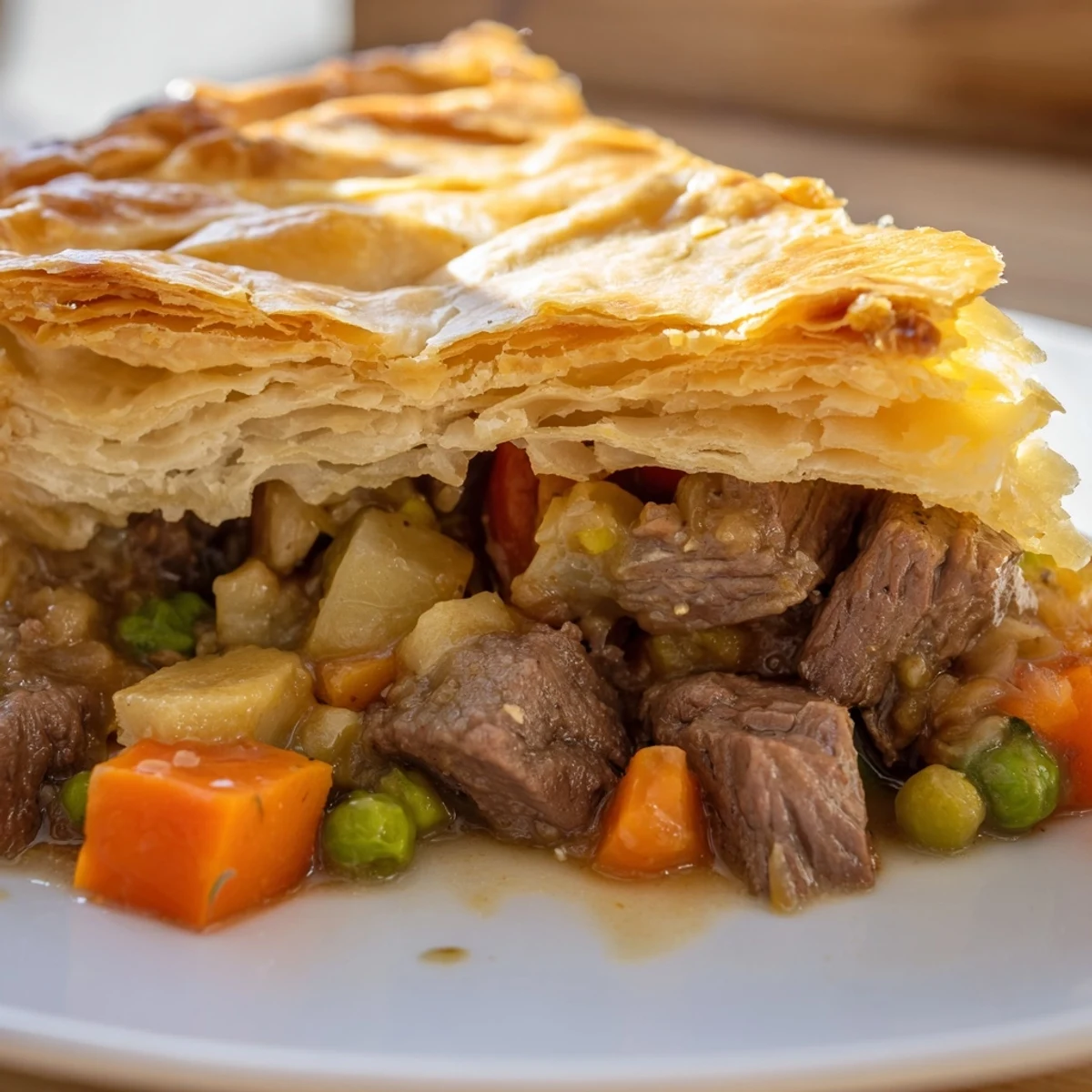 A close-up of Beef Pie with Flaky Crust, showcasing steam rising from the rich, savory filling and buttery pastry.