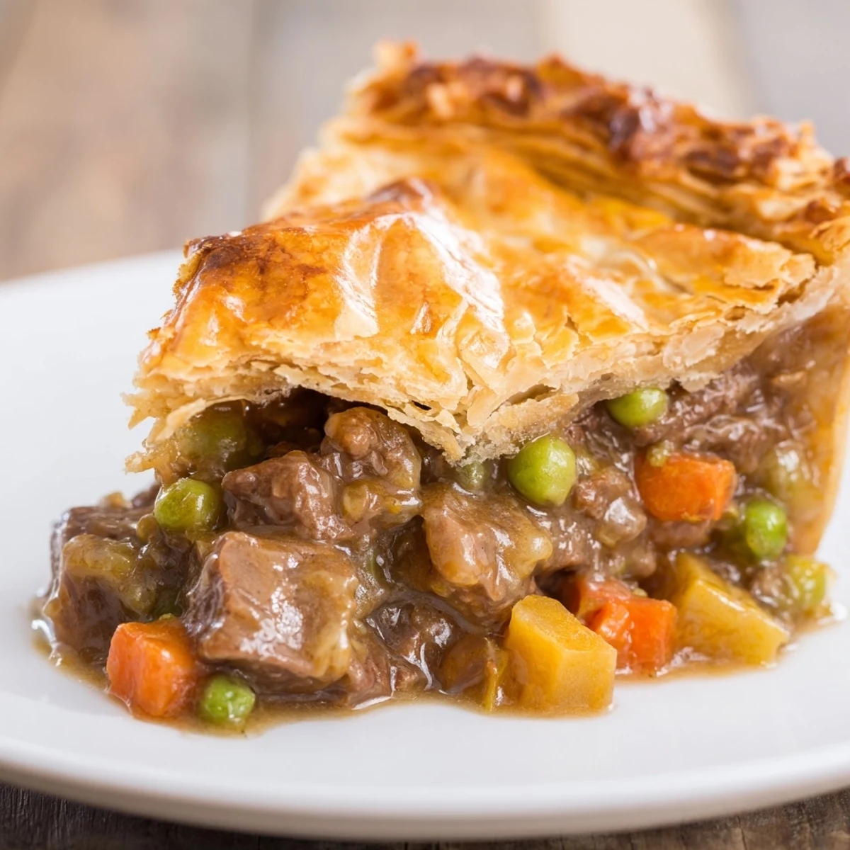 Freshly baked Beef Pie with Flaky Crust, prepared for a comforting family dinner, resting on a wooden cutting board.