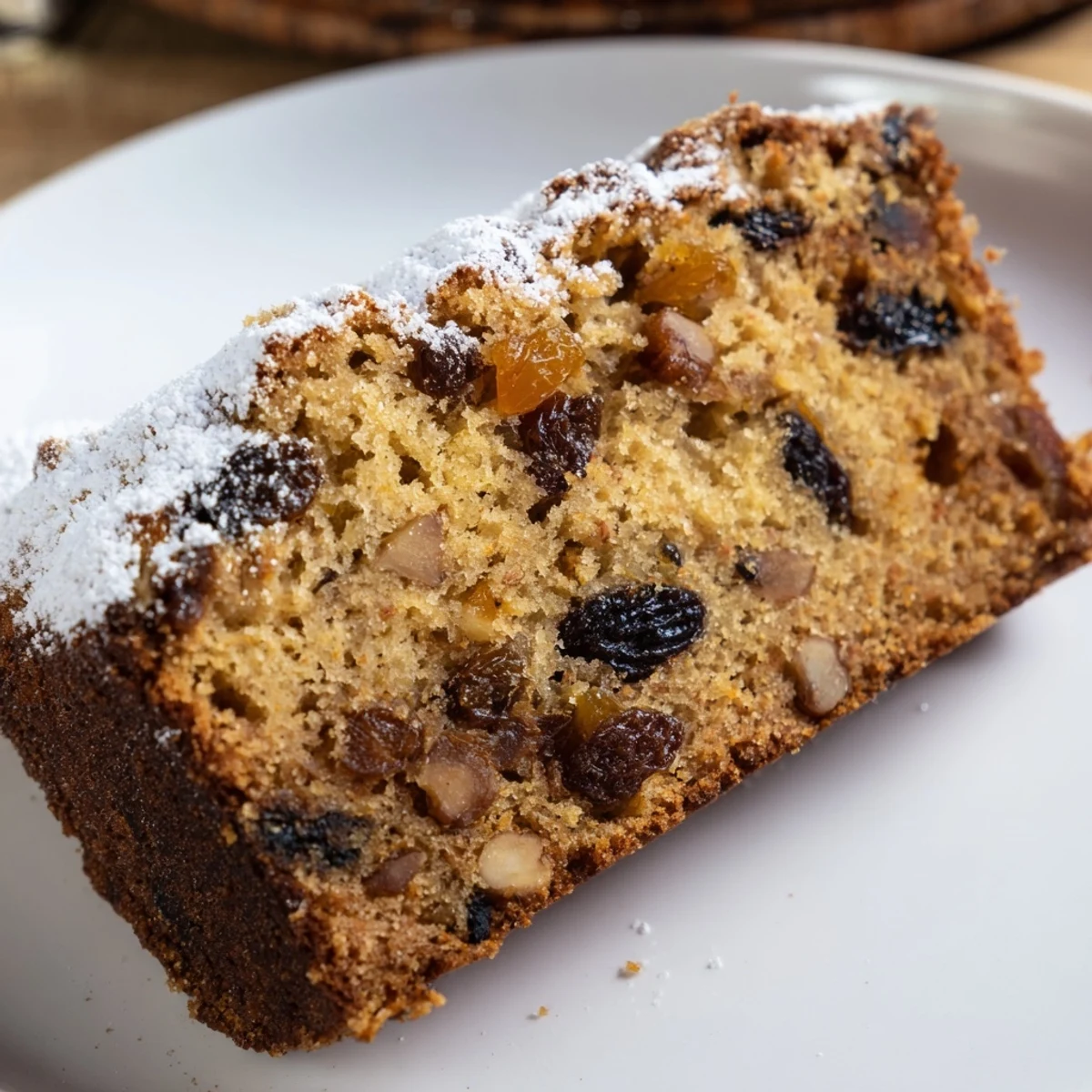 A sliced Irish Whiskey-Free Cake reveals moist crumb studded with dried fruits and walnuts, dusted with powdered sugar on a rustic plate.