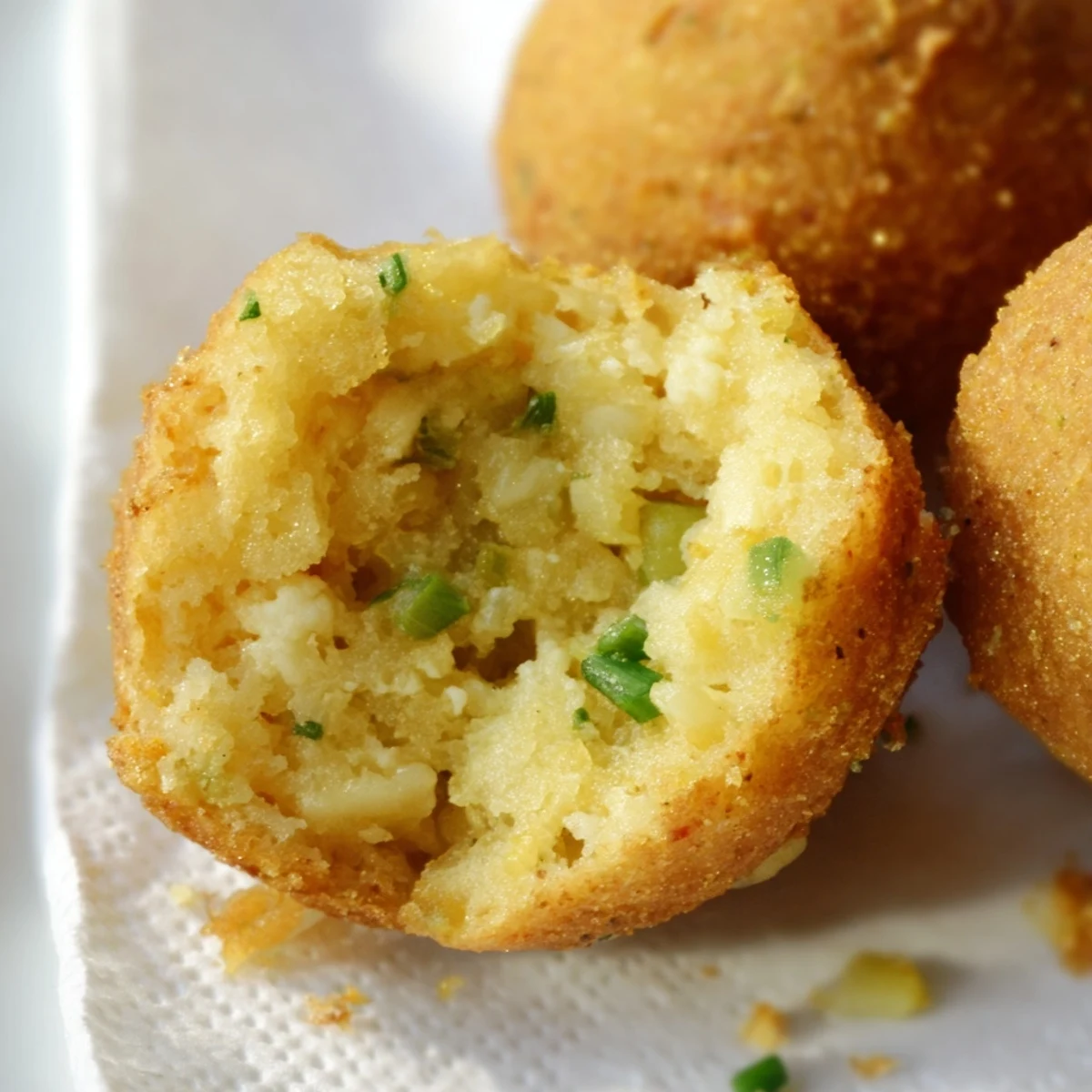 Freshly fried Southern hush puppies arranged on a white plate with a side of creamy tartar sauce and lemon wedges.  