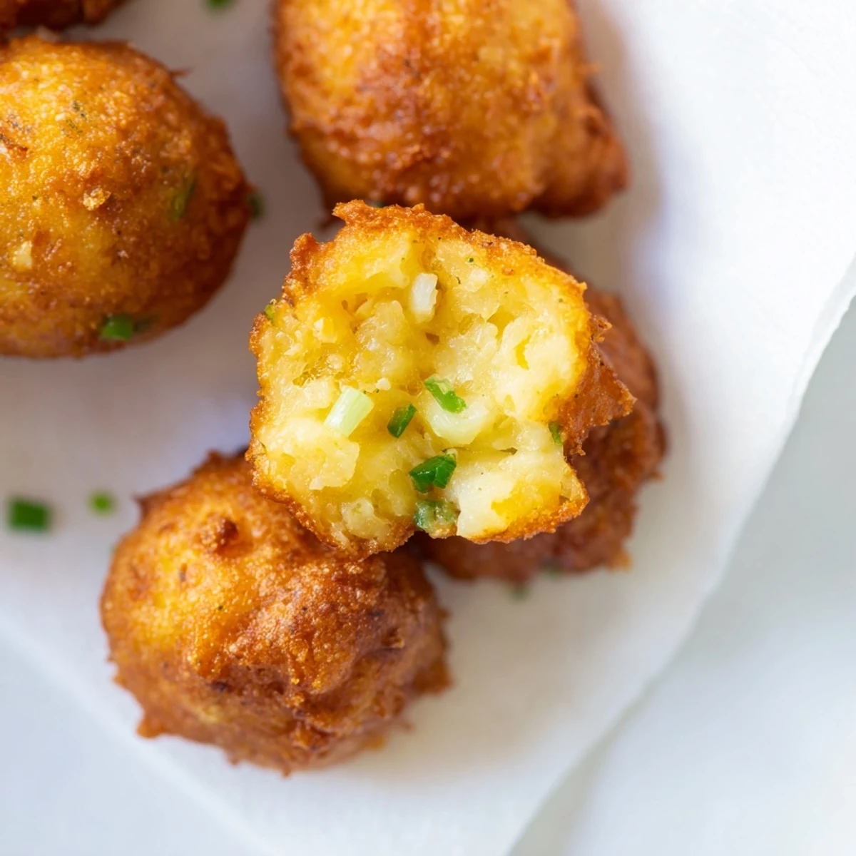 Golden-brown Southern hush puppies stacked high, showcasing their crispy exterior and tender, fluffy cornmeal interior.  