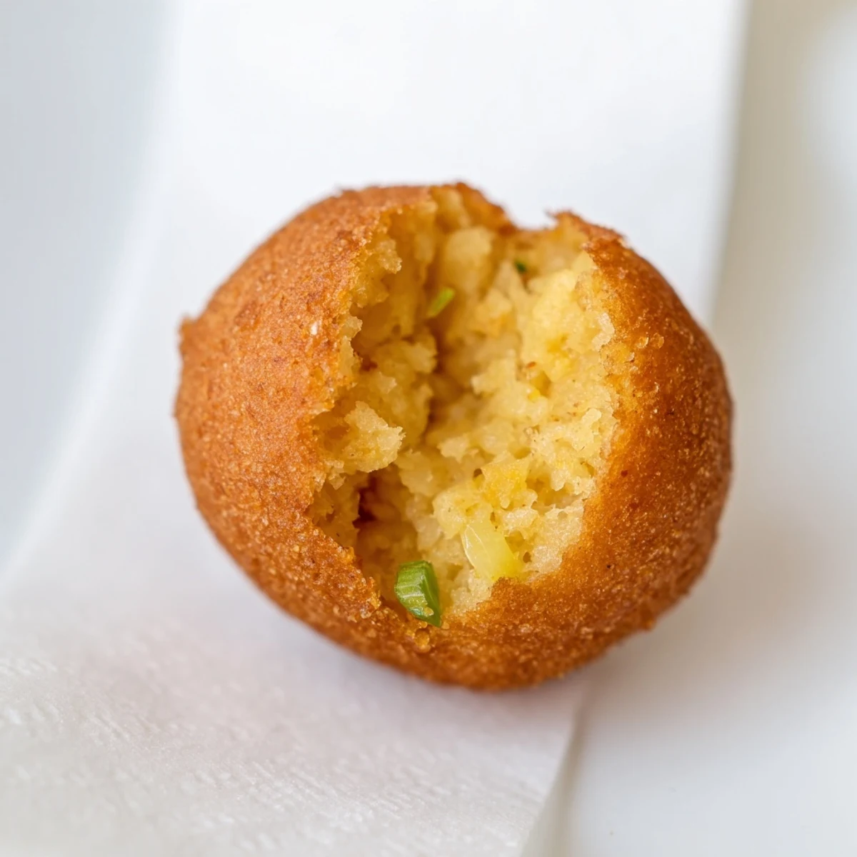 A close-up of steamy Southern hush puppies served with honey butter and chopped chives on a rustic wooden table.