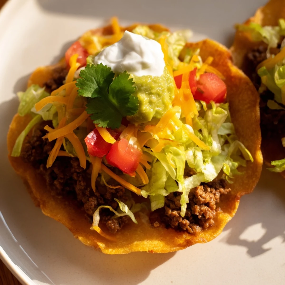 A close-up of a Big Game Mini Taco on a plate, showcasing the crisp baked shell filled with savory ground beef and fresh toppings.