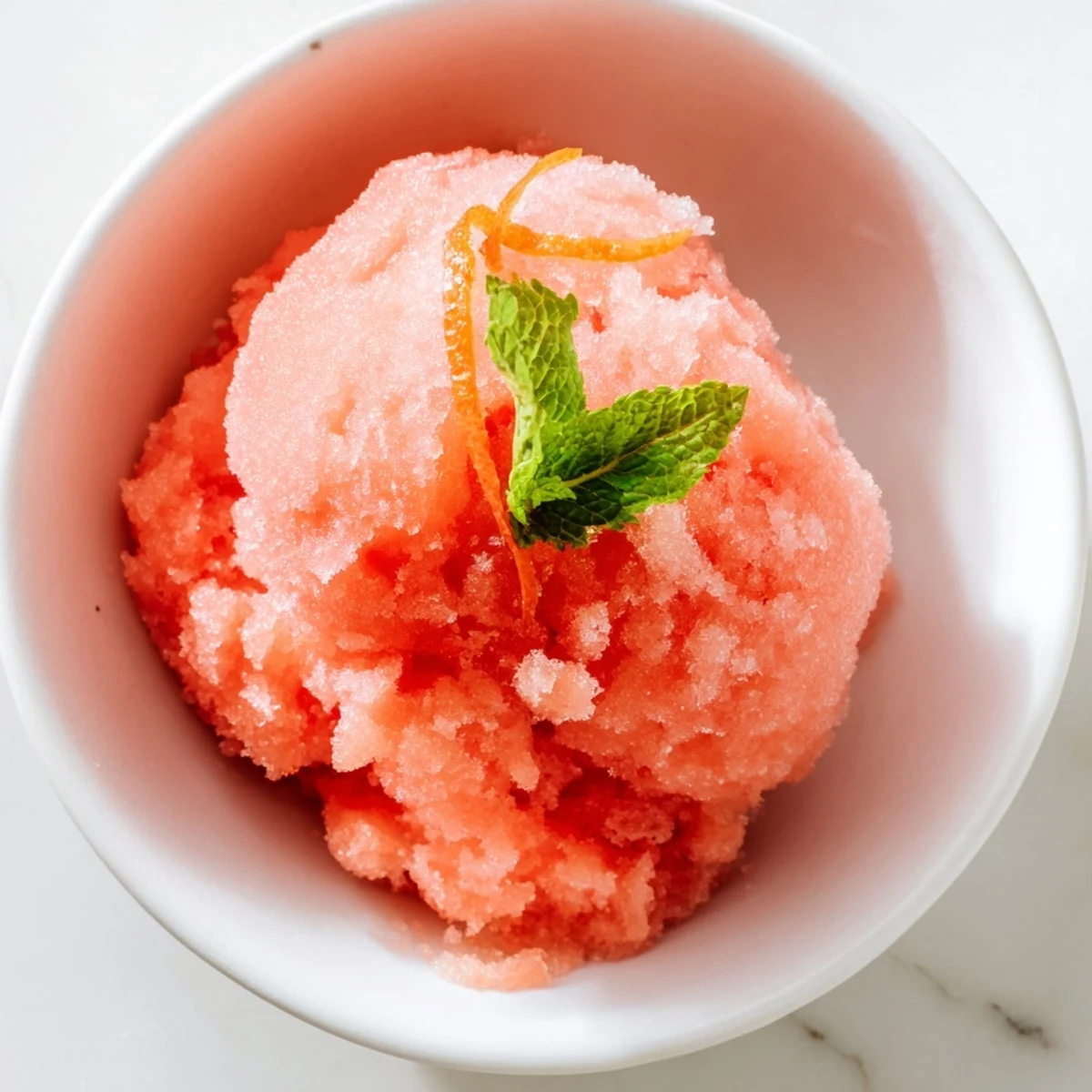 A close-up of creamy Pink Grapefruit Sorbet being scooped with a silver spoon, revealing its smooth texture and garnished with a sprig of fresh mint.
