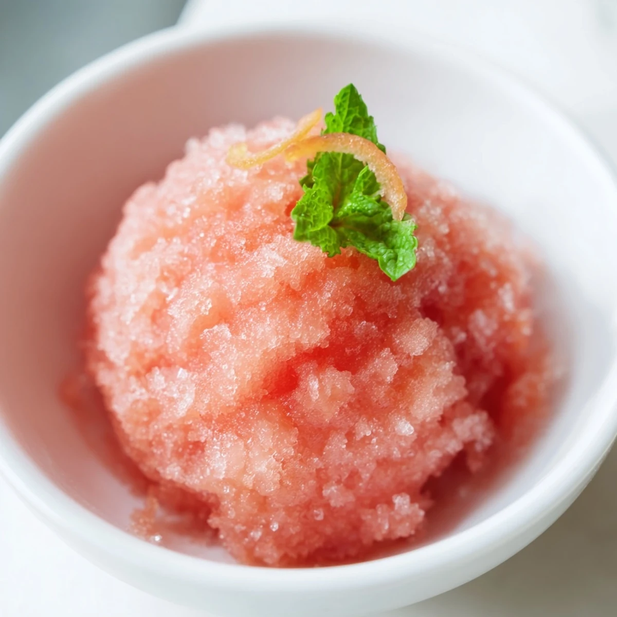 Homemade Pink Grapefruit Sorbet in a rustic ceramic dish, topped with zest and ready to serve as a light, vegan dessert for a dinner party.