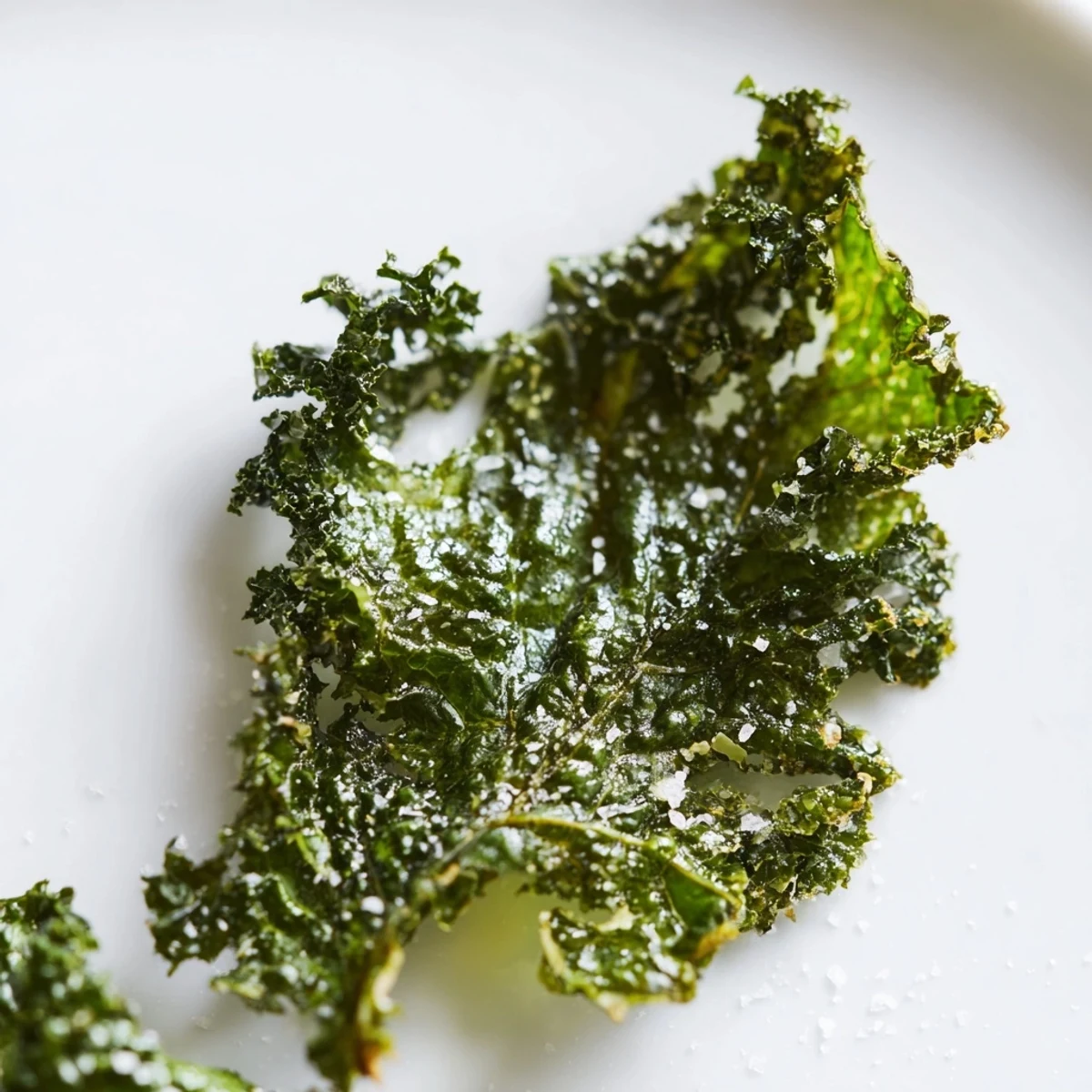 Crispy Green Kale Chips with Sea Salt baked golden, served warm from the oven with a gentle, savory aroma.  