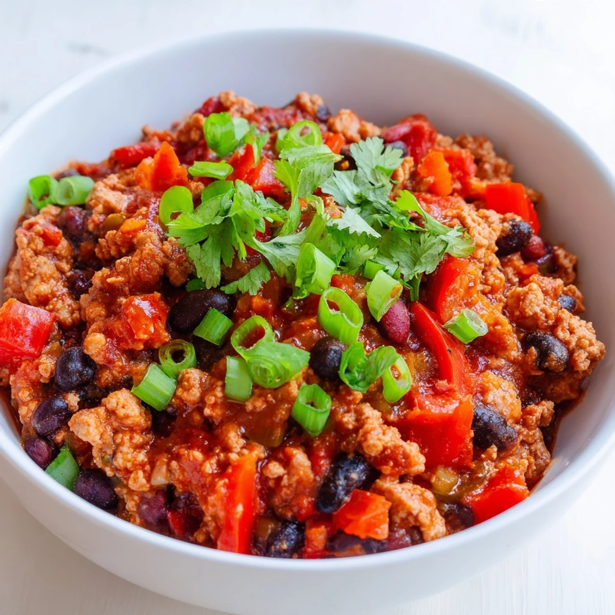 Steaming bowl of Turkey Chili with Black Beans and Tomatoes, topped with avocado, cilantro, and green onions, served with a side of warm cornbread.
