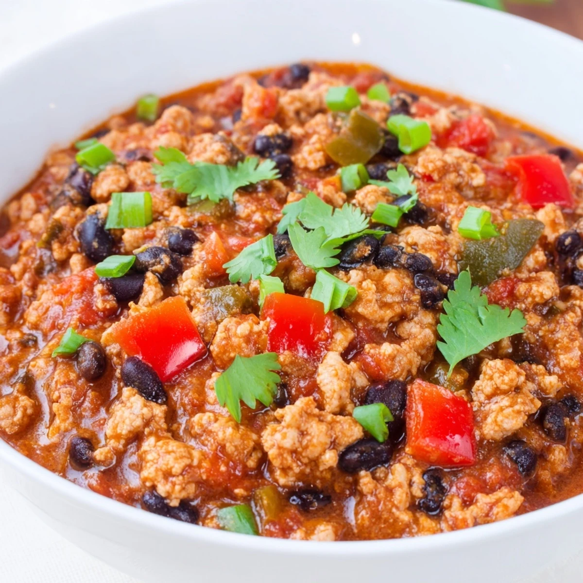 A hearty pot of Turkey Chili with Black Beans and Tomatoes simmering on the stove, with a wooden spoon stirring in spices.