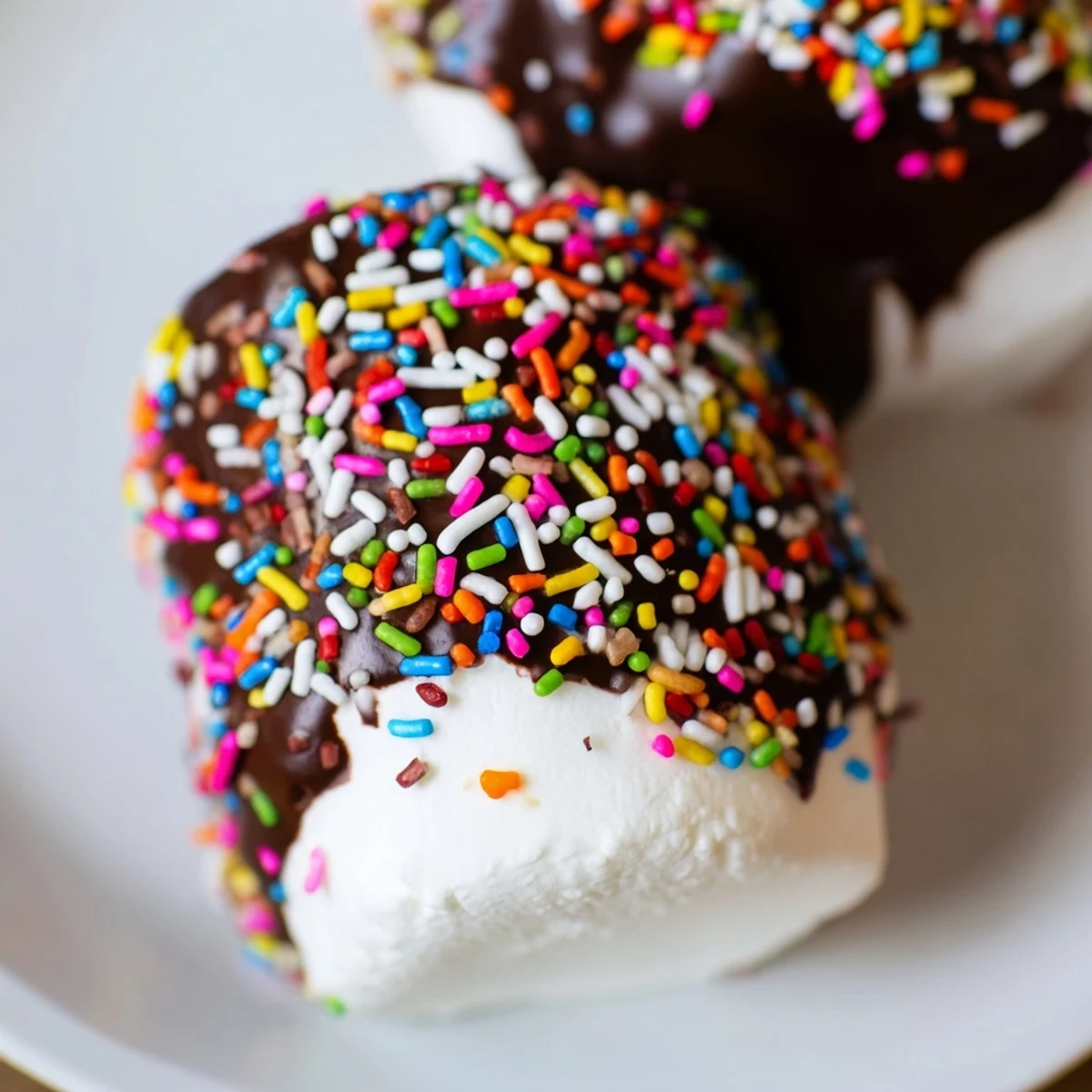 A close-up of chocolate-dipped marshmallows with sprinkles, arranged upright on parchment paper for easy serving.  