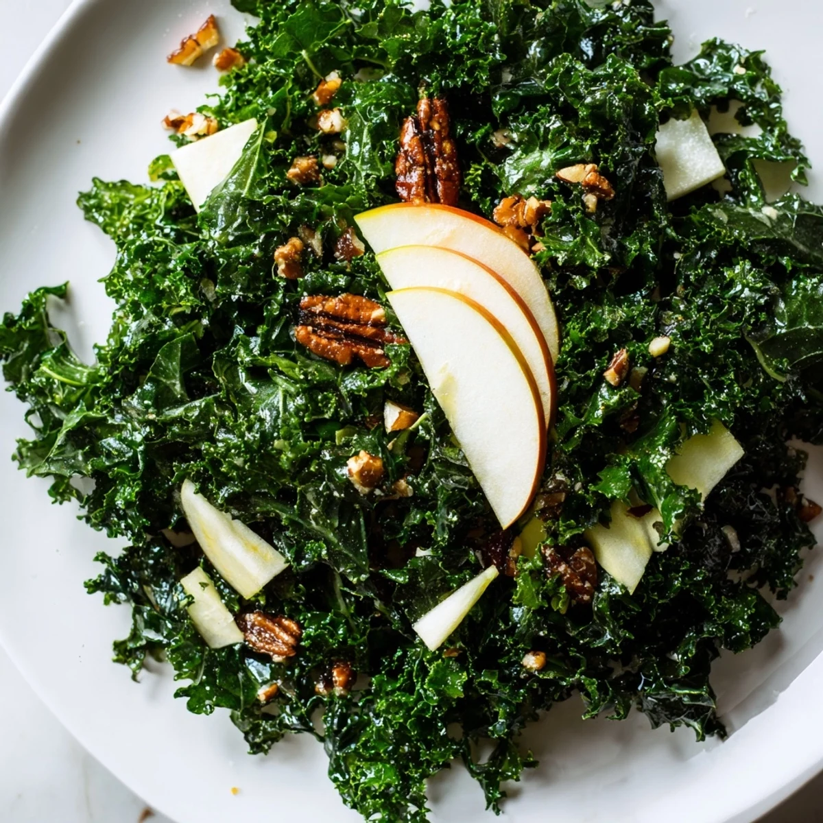 Colorful Winter Kale Salad with Apple and Cheddar arranged on a white plate, featuring vibrant kale, thin apple wedges, and crunchy pecans next to a dressing drizzle.