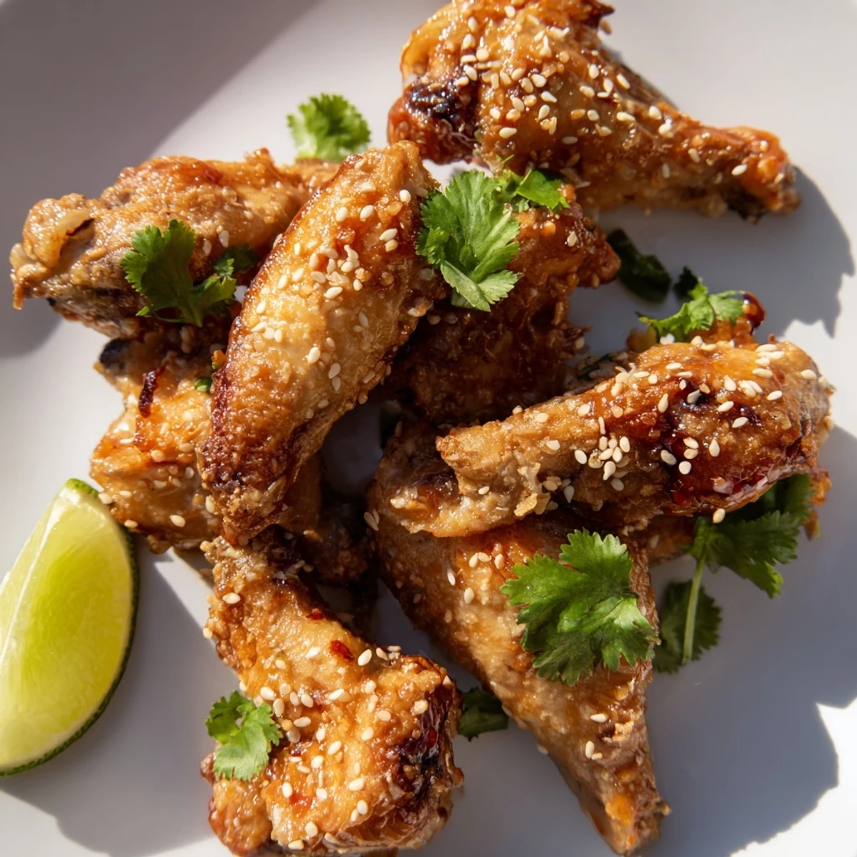 Golden-baked Spicy Sriracha Chicken Wings tossed in a fiery glaze, arranged with lime wedges for a bright, zesty finish.  