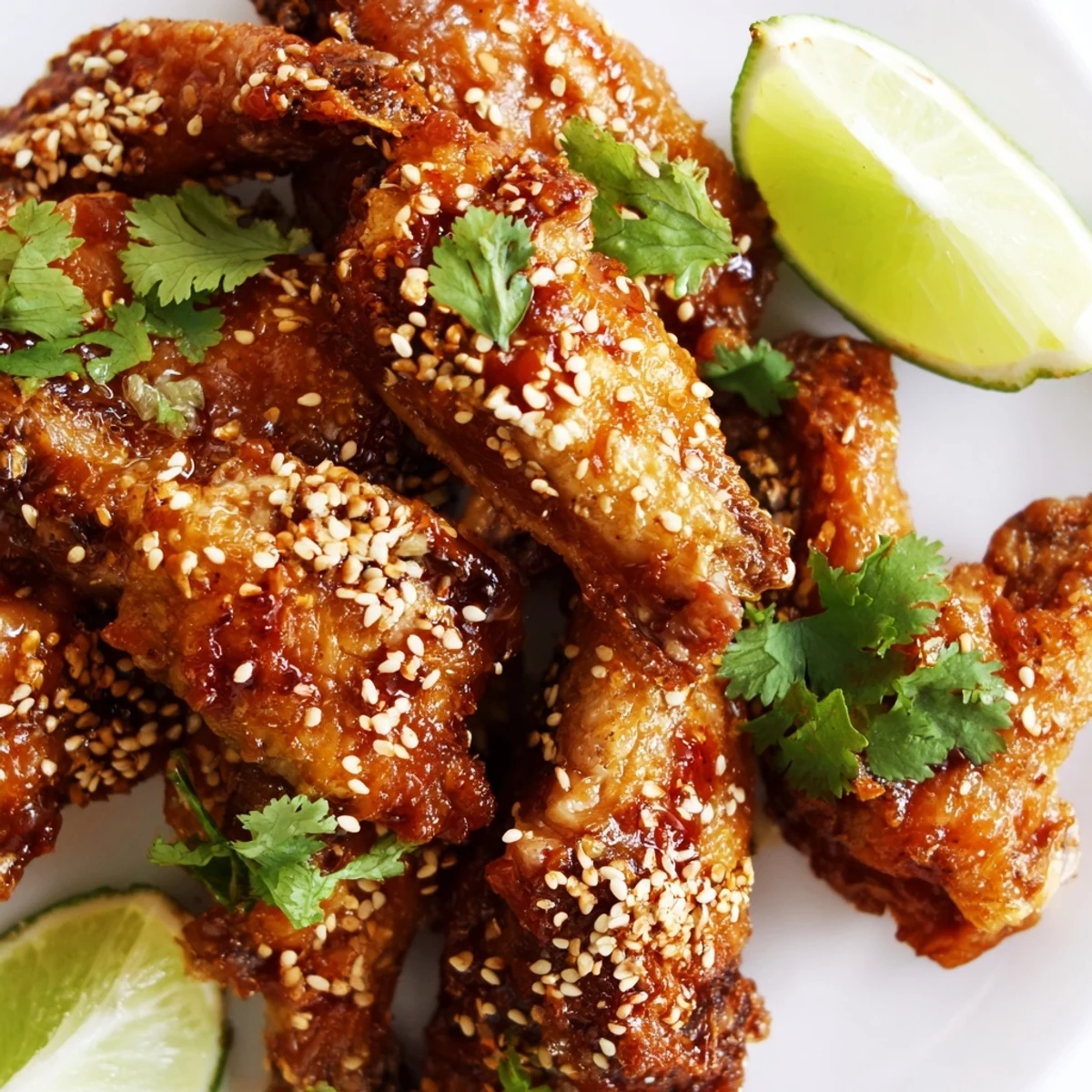 Crispy Spicy Sriracha Chicken Wings glisten with a sticky glaze, garnished with cilantro and sesame seeds on a serving platter.  