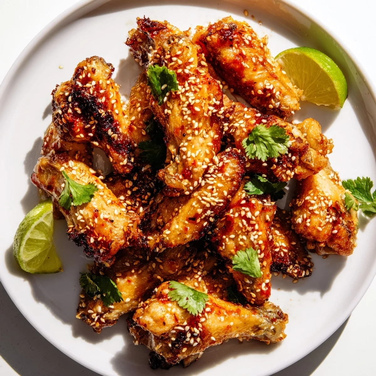 Juicy Spicy Sriracha Chicken Wings served hot, fresh from the oven, paired with a cold lager for game day.