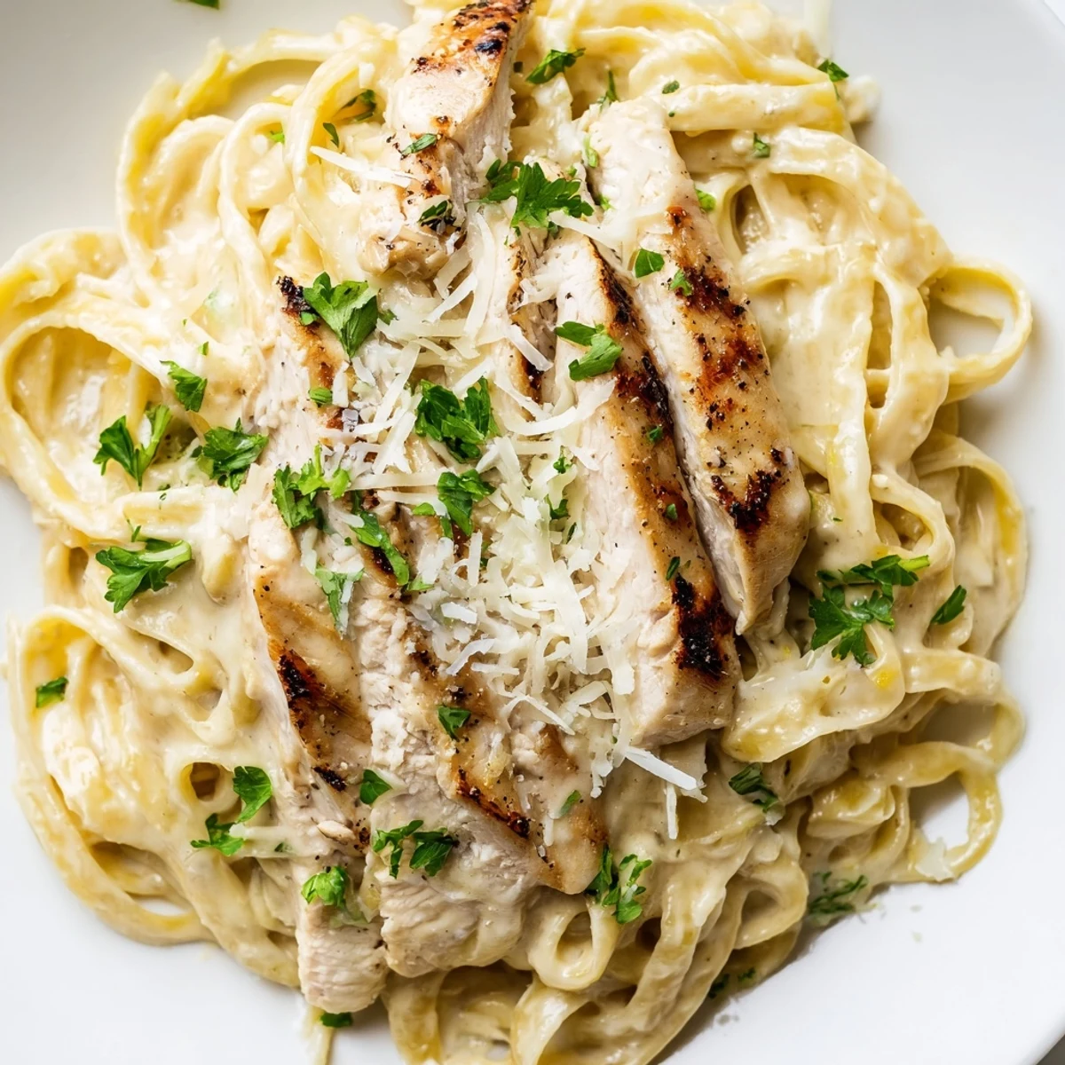 Close-up of Creamy Alfredo pasta with grilled chicken, creamy sauce clinging to noodles, topped with golden grilled chicken slices.  