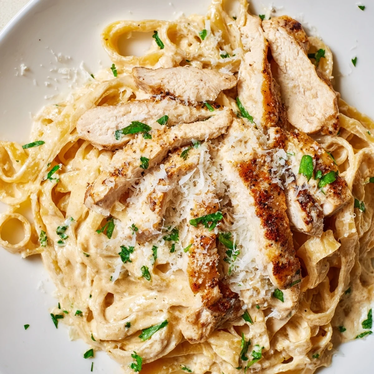 Serving suggestion for Creamy Alfredo pasta with grilled chicken plated with extra Parmesan, parsley, and warm garlic bread on the side.
