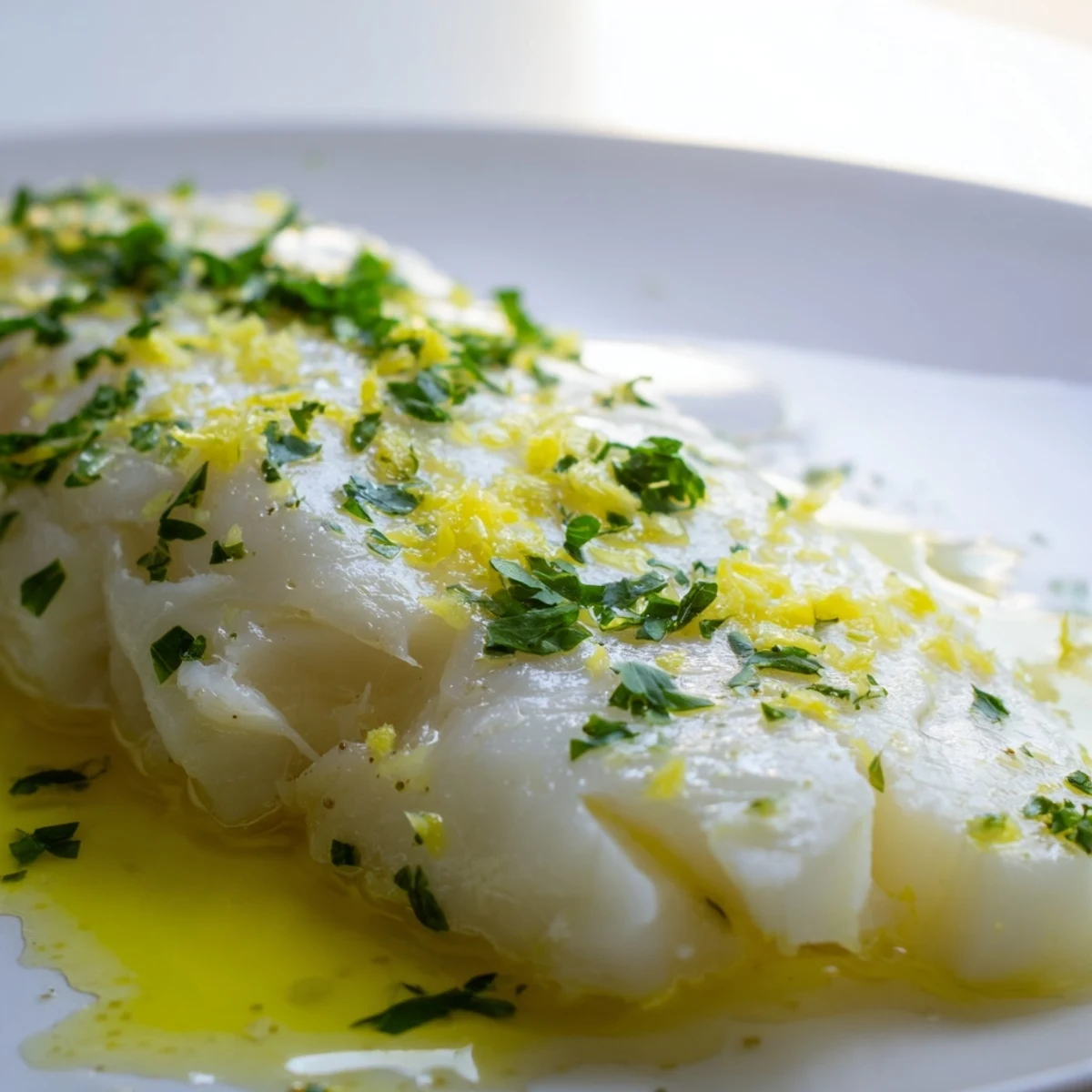 Flaky baked fish fillet with lemon juice and herbs on a baking sheet, served with fresh lemon wedges for a healthy weeknight meal.