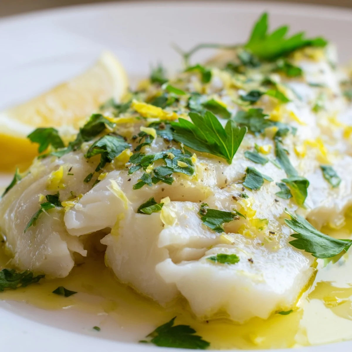 A close-up of tender baked fish fillet with lemon juice, glistening olive oil, and chopped parsley garnish on a white ceramic dish.