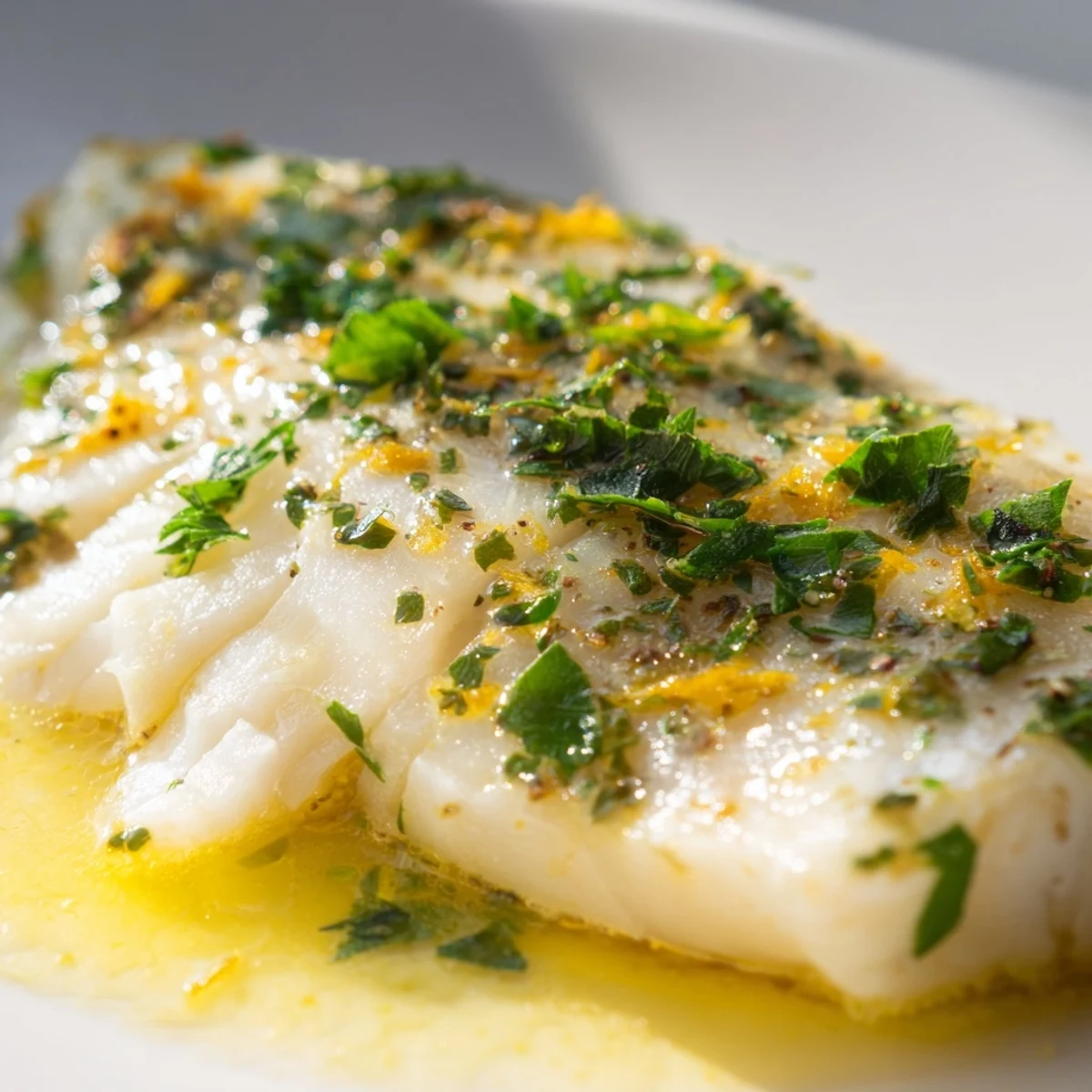 Golden baked fish fillet with lemon juice, resting on parchment paper with lemon slices, ideal for a low carb gluten-free dinner.